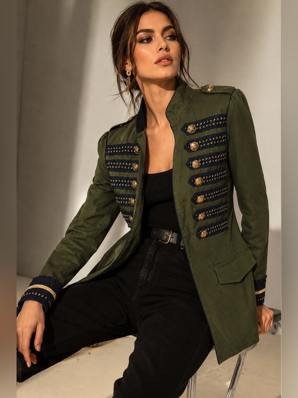 ZARA Military Embellished Olive Green Utility Jacket Gold Buttons Size S